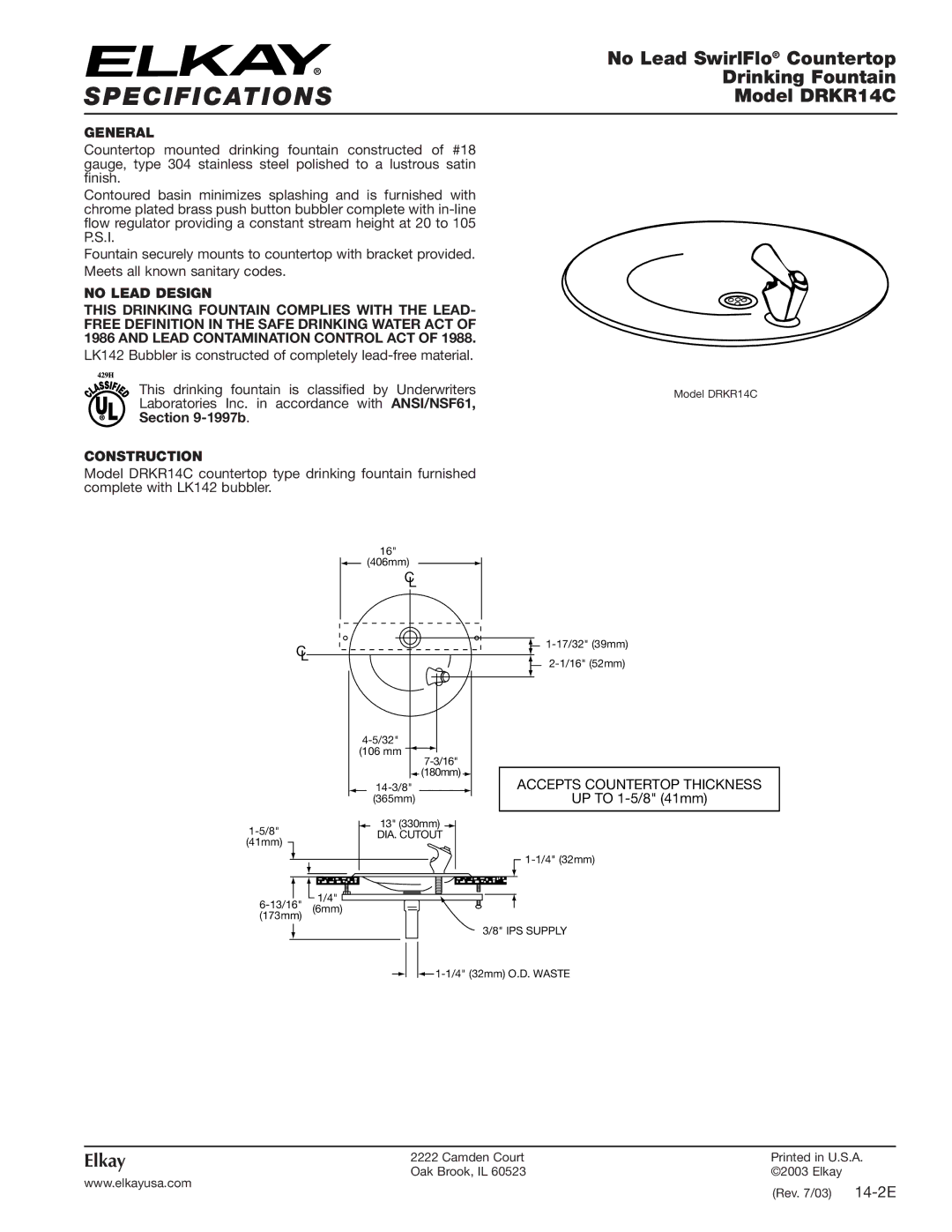 Elkay DRKR14C specifications Specifications, General, Construction 