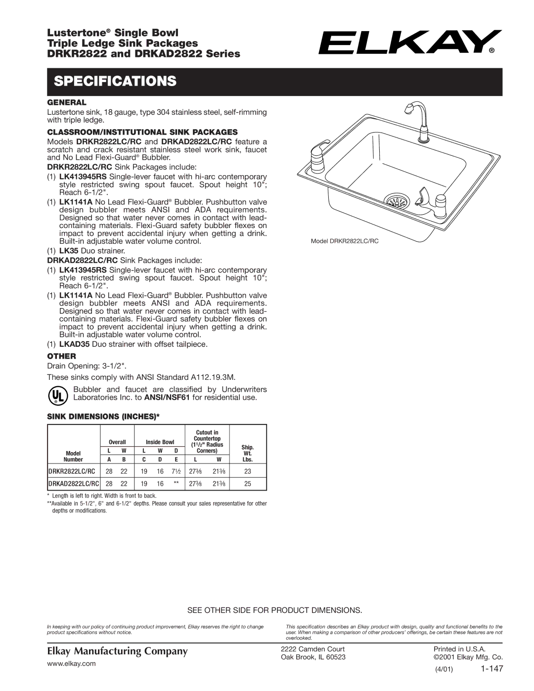 Elkay DRKAD2822, DRKR2822 specifications Specifications, General, CLASSROOM/INSTITUTIONAL Sink Packages, Other 