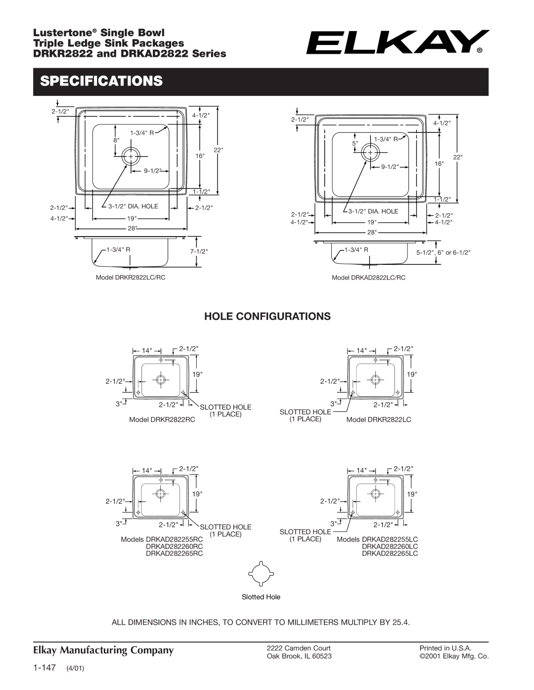 Elkay DRKR2822, DRKAD2822 specifications Hole Configurations 