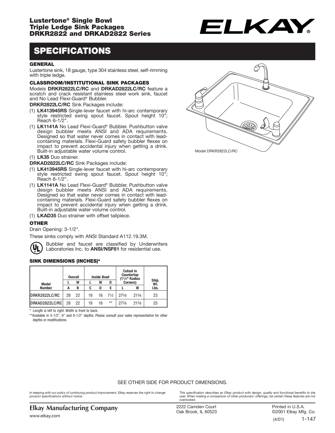 Elkay DRKAD2822, DRKR2822 specifications Specifications, Lustertone Single Bowl Triple Ledge Sink Packages, 1-147 
