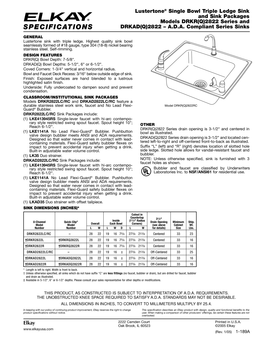 Elkay DRKR(Q)2822RC, DRKR2822RC, DRKR2822LC, DRKAD2822LC, DRKAD2822RC specifications Specifications 