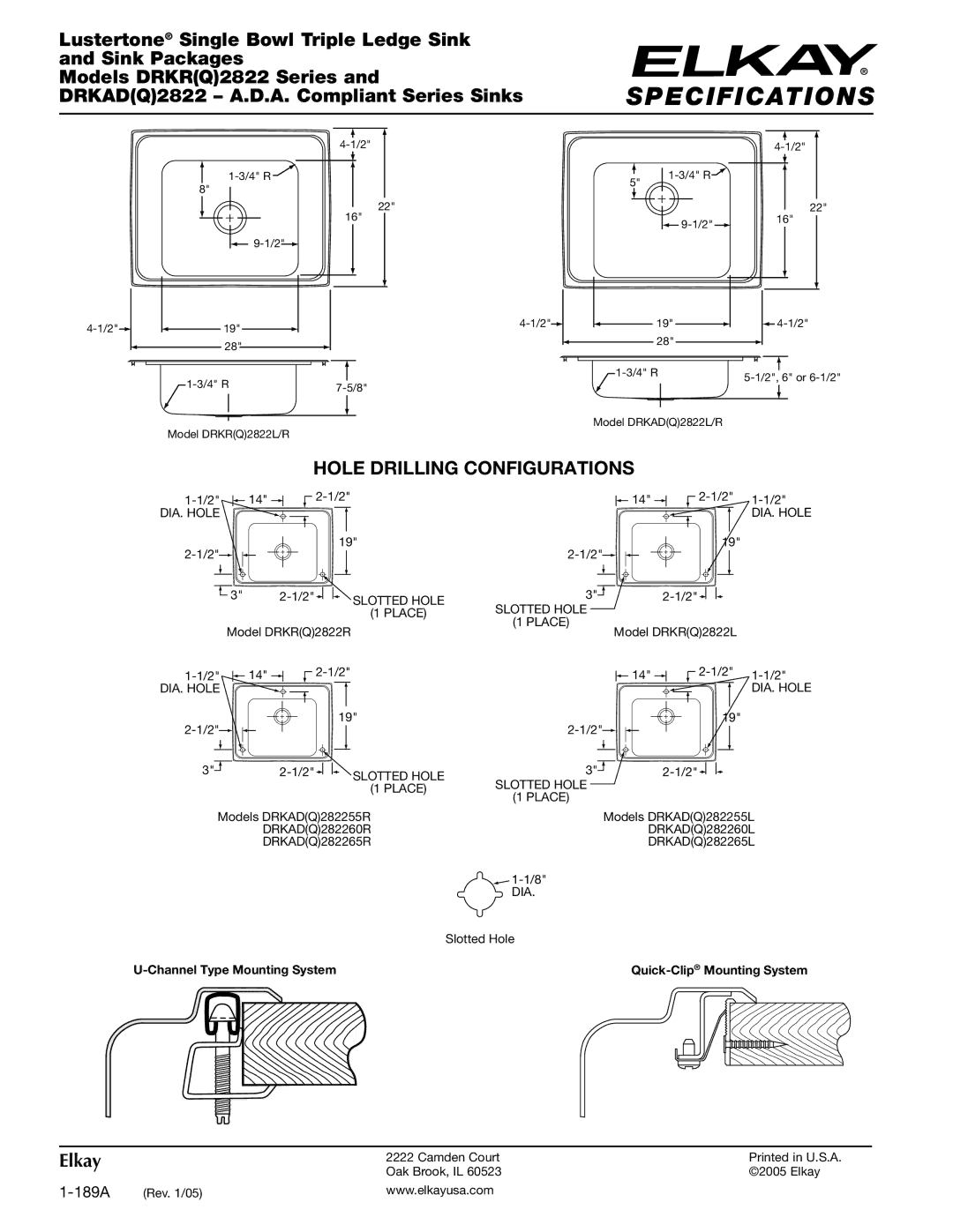 Elkay DRKR2822RC, DRKR(Q)2822RC, DRKR2822LC, DRKAD2822R Hole Drilling Configurations, DIA. Hole Slotted Hole, Place, Dia 