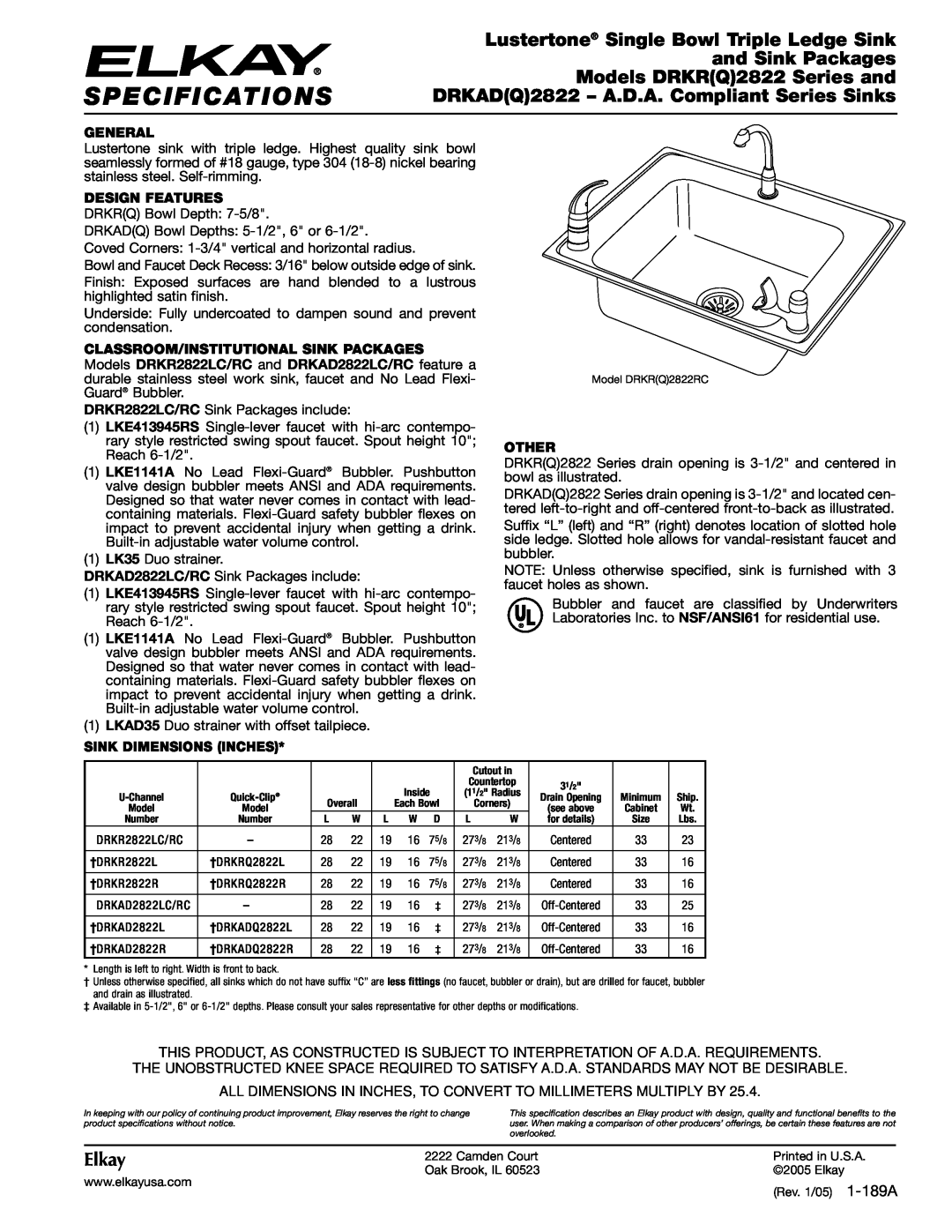 Elkay DRKR(Q)2822RC specifications Specifications, Lustertone Single Bowl Triple Ledge Sink, and Sink Packages, Elkay 