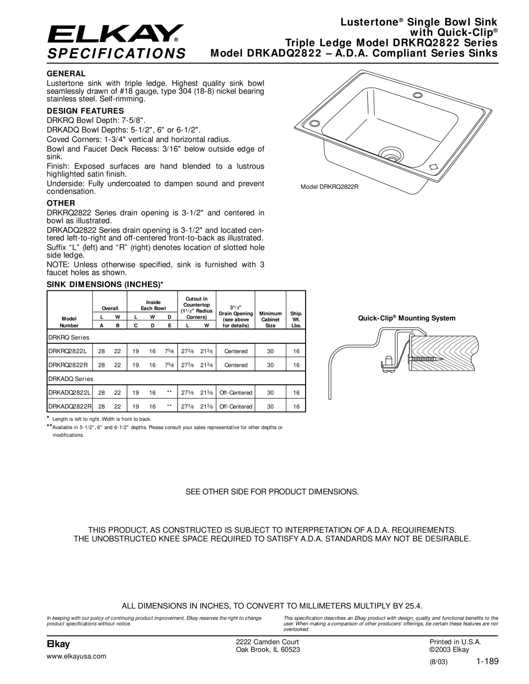 Elkay DRKRQ2822 specifications Specifications 