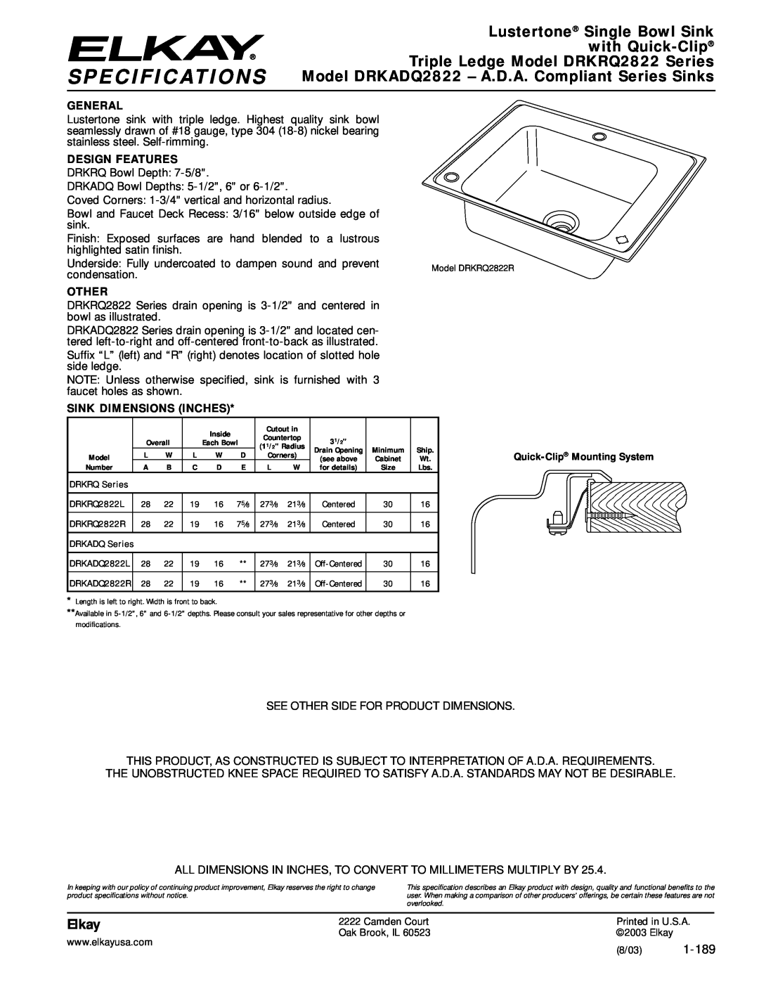 Elkay specifications Lustertone Single Bowl Sink, with Quick-Clip, Triple Ledge Model DRKRQ2822 Series, Elkay, 1-189 
