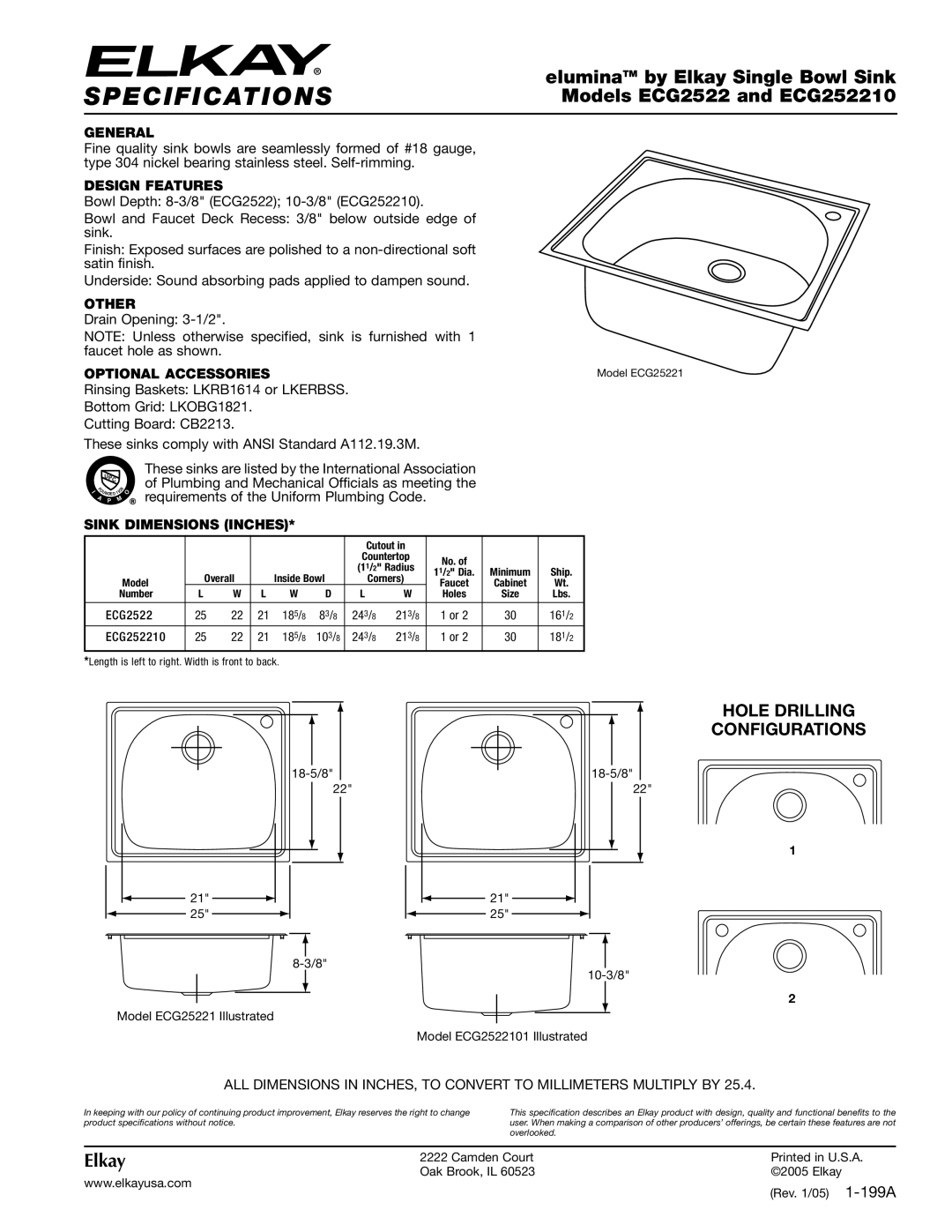 Elkay specifications Specifications, EluminaTM by Elkay Single Bowl Sink, Models ECG2522 and ECG252210 