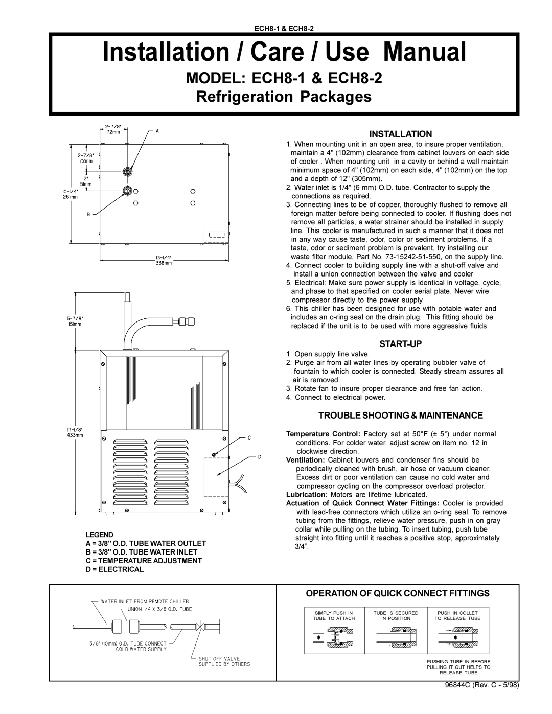 Elkay manual Installation / Care / Use Manual, Model ECH8-1 & ECH8-2 Refrigeration Packages 