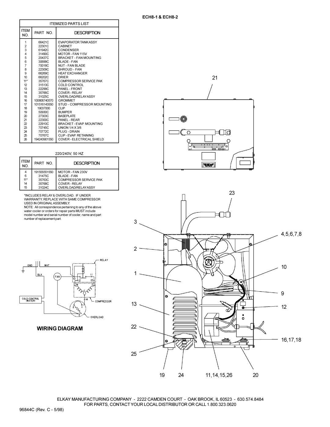 Elkay ECH8-1 manual Wiring Diagram, 11,14,15,26 6,7,8 16,17,18, Description 