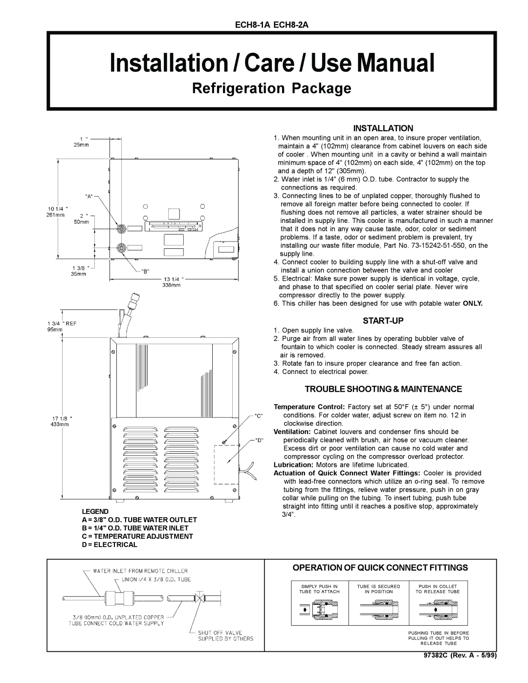 Elkay ECH8-1A manual Installation / Care / Use Manual, Refrigeration Package 