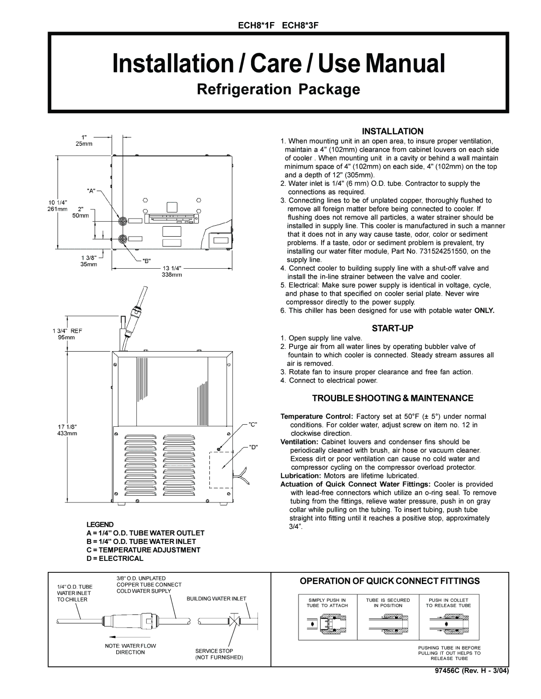 Elkay ECH8*1F manual Installation / Care / Use Manual, Refrigeration Package 