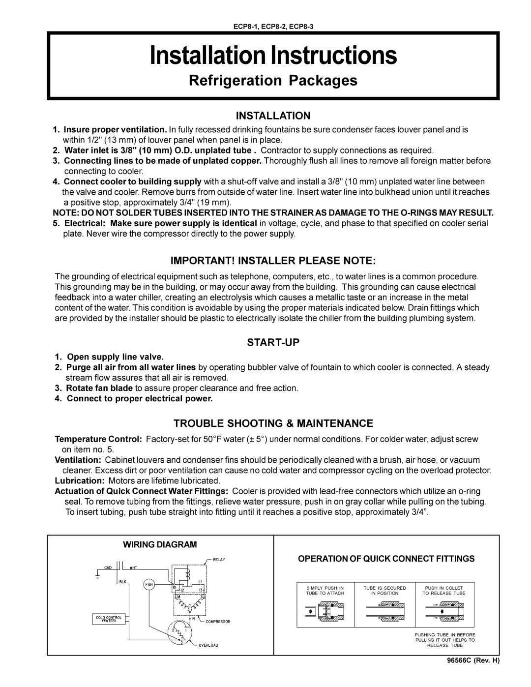 Elkay ECP8-1 installation instructions Installation, IMPORTANT! Installer Please Note, Start-Up 