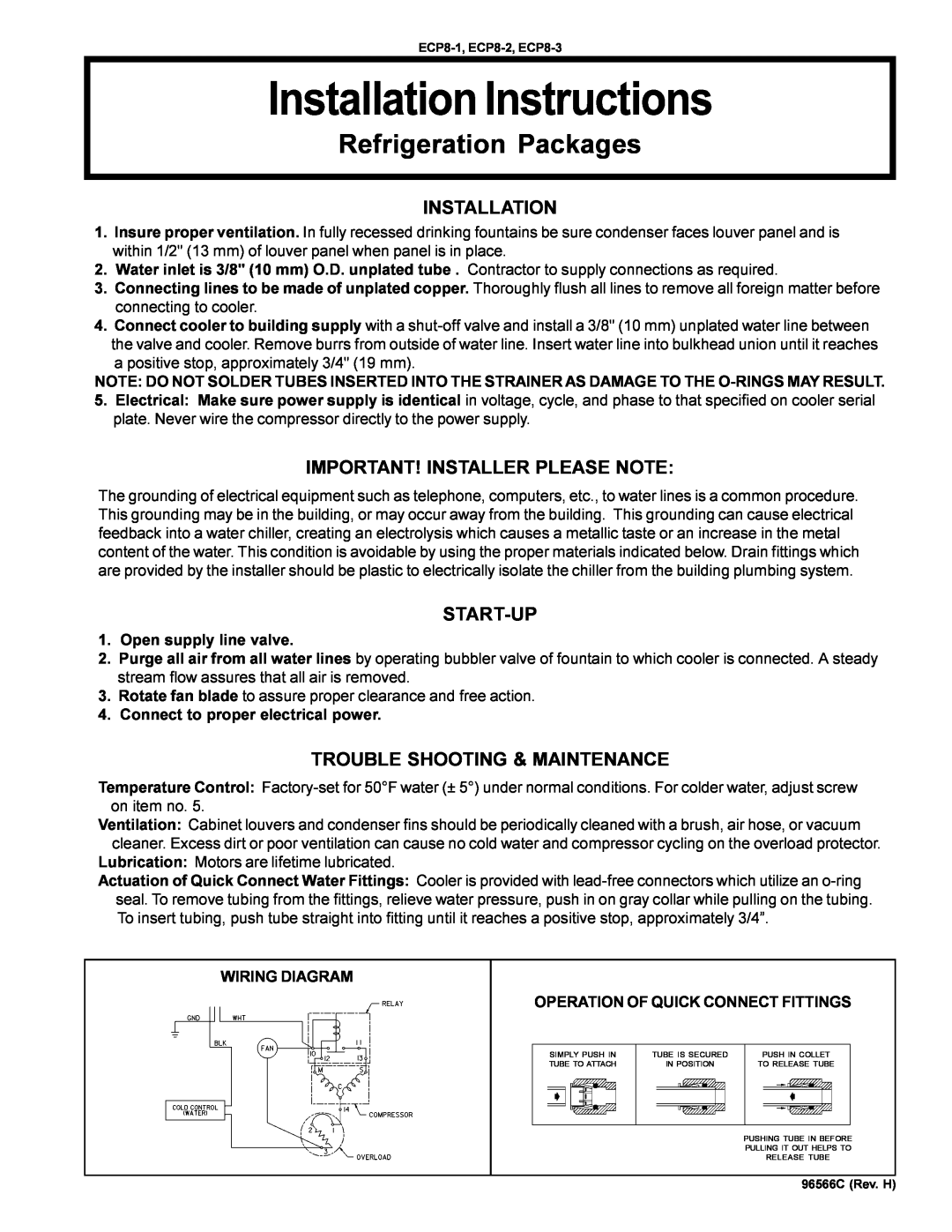 Elkay ECP8-1 installation instructions Installation Instructions, Refrigeration Packages, Important! Installer Please Note 