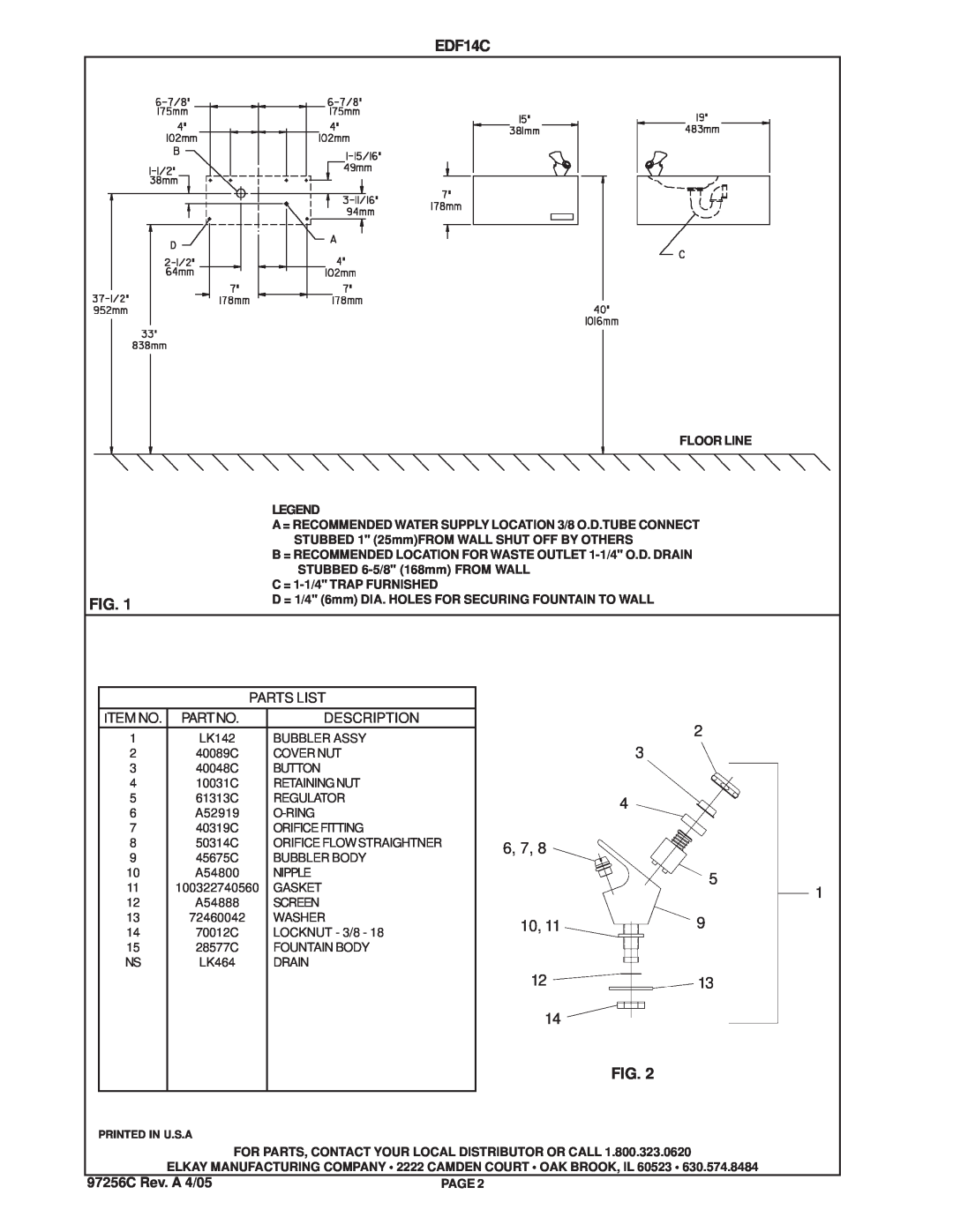 Elkay EDF14C installation instructions Parts List, Item No, Partno, Description, 97256C Rev. A 4/05 