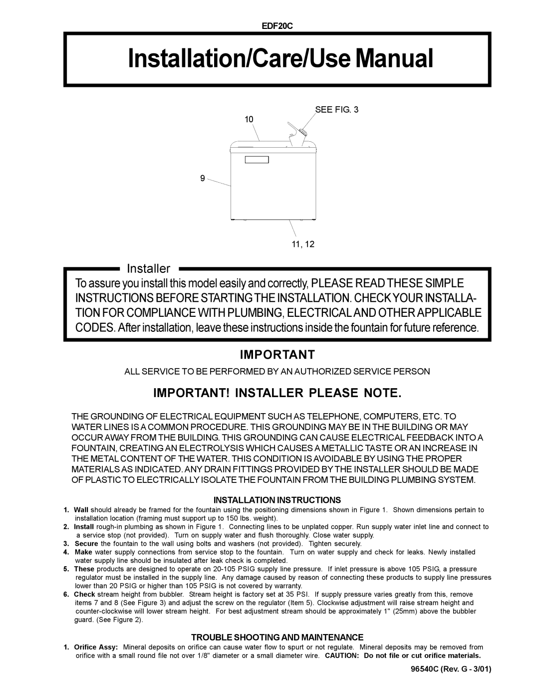 Elkay EDF20 installation instructions Installation/Care/Use Manual, IMPORTANT! Installer Please Note 