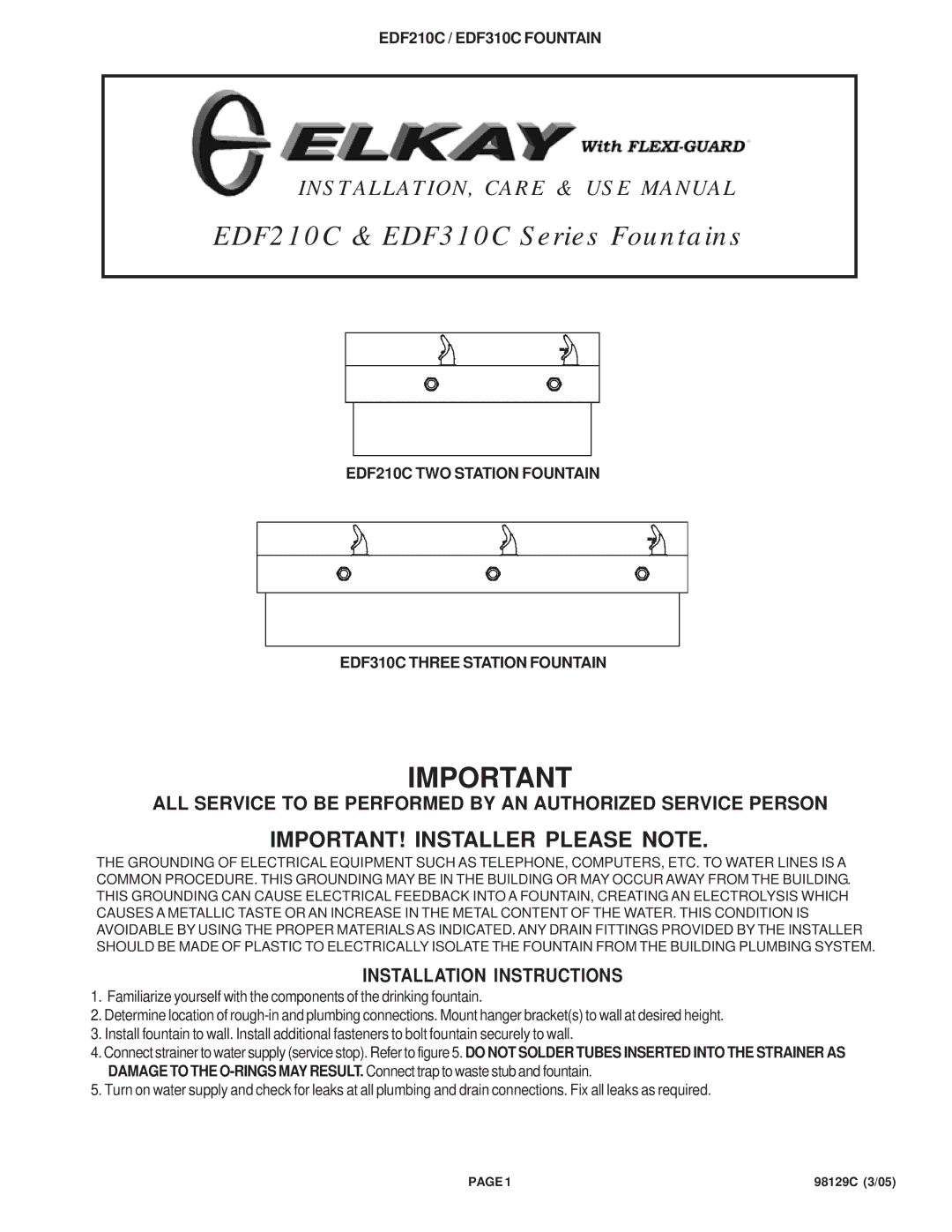 Elkay installation instructions EDF210C & EDF310C Series Fountains 