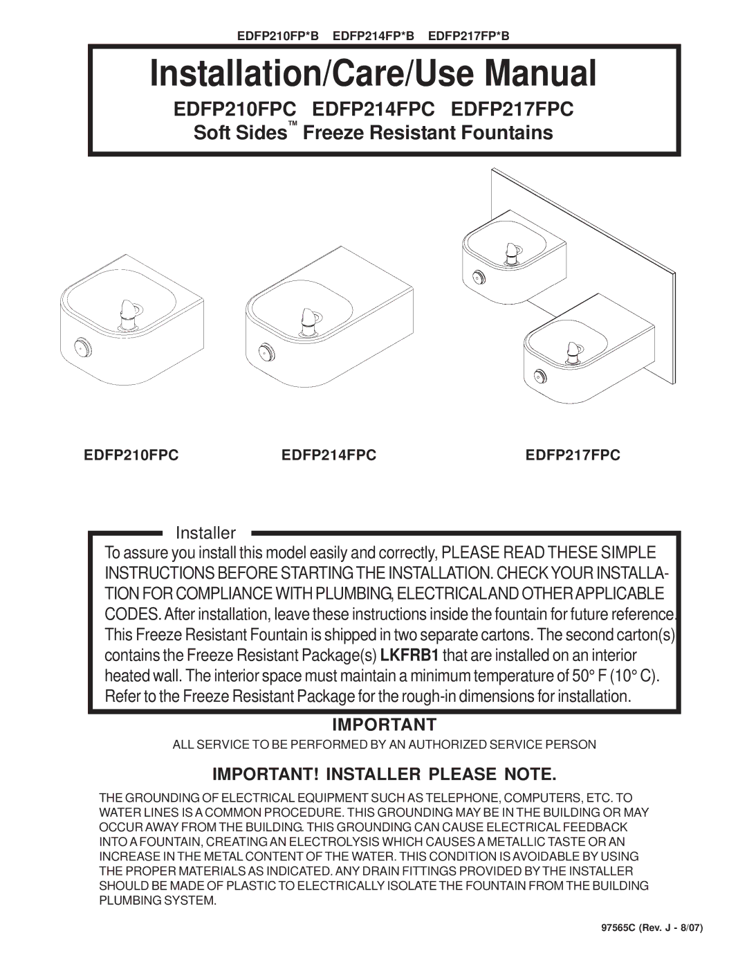 Elkay EDFP214FPC, EDFP217FPC, EDFP210FPC dimensions Installation/Care/Use Manual, IMPORTANT! Installer Please Note 