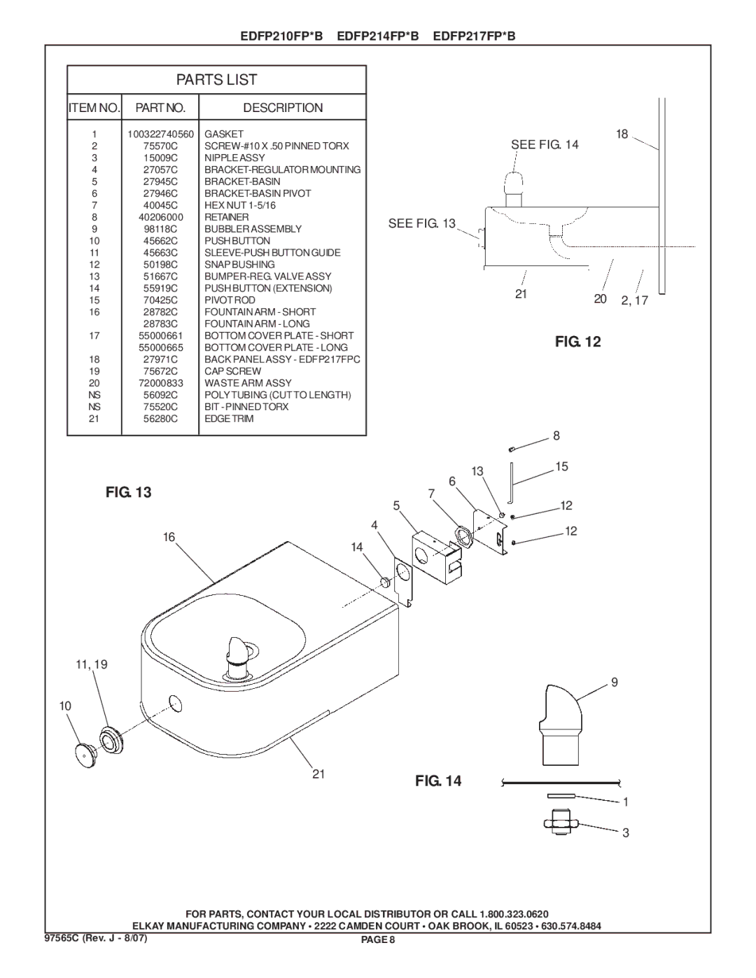 Elkay EDFP210FPC, EDFP217FPC, EDFP214FPC dimensions Parts List 