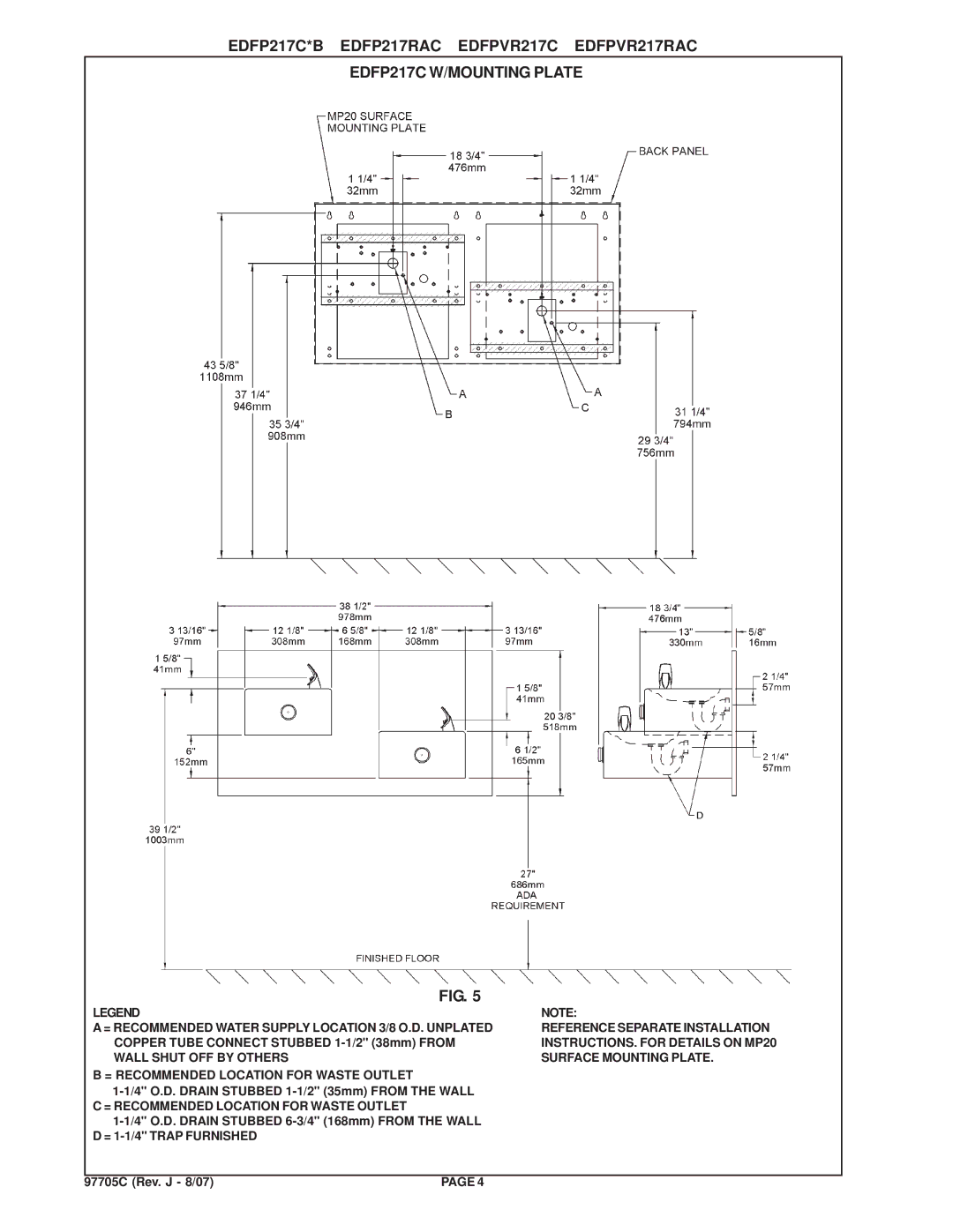 Elkay EDFP217RAC, EDFP217C manual = Recommended Location for Waste Outlet 