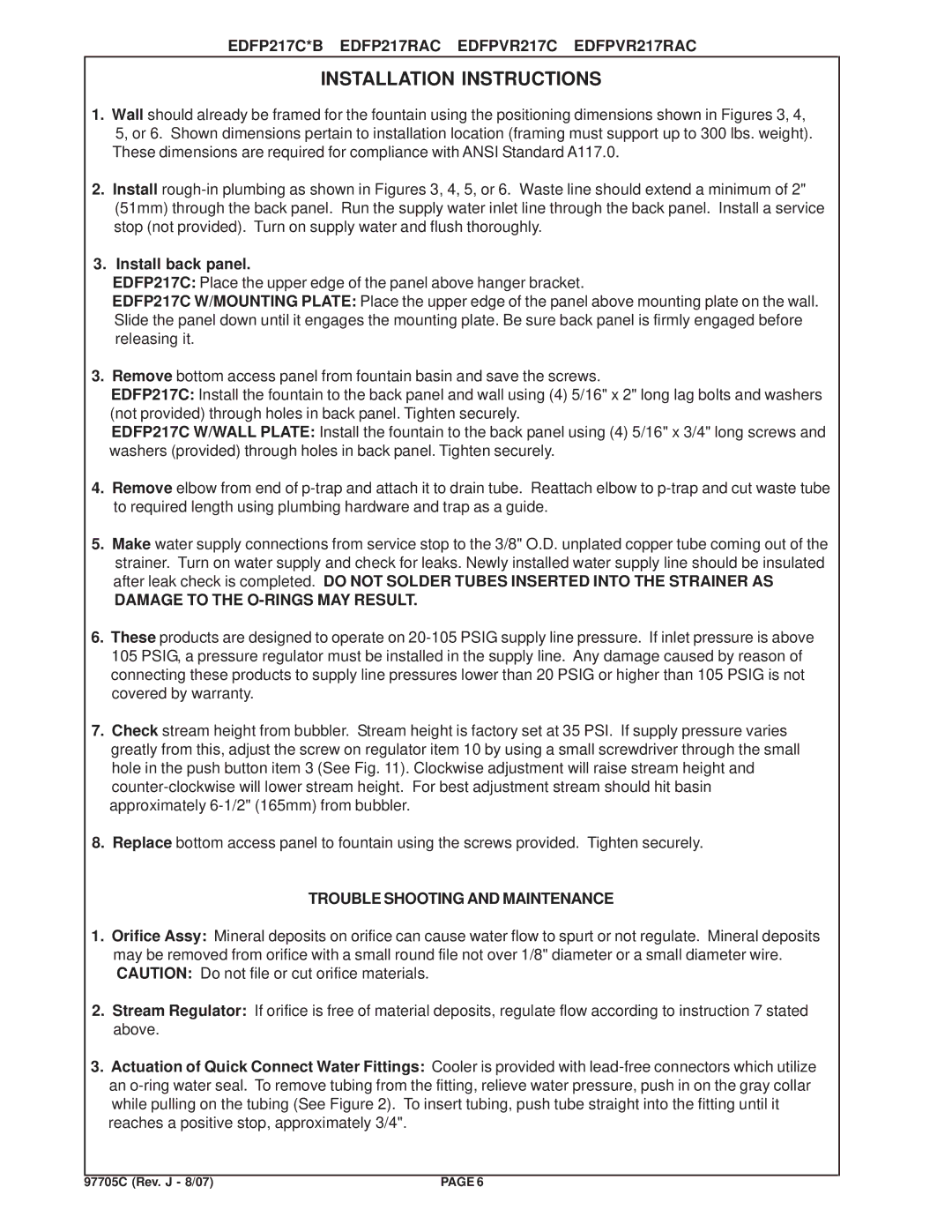 Elkay EDFP217RAC, EDFP217C manual Install back panel, Damage to the O-RINGS MAY Result, Trouble Shooting and Maintenance 