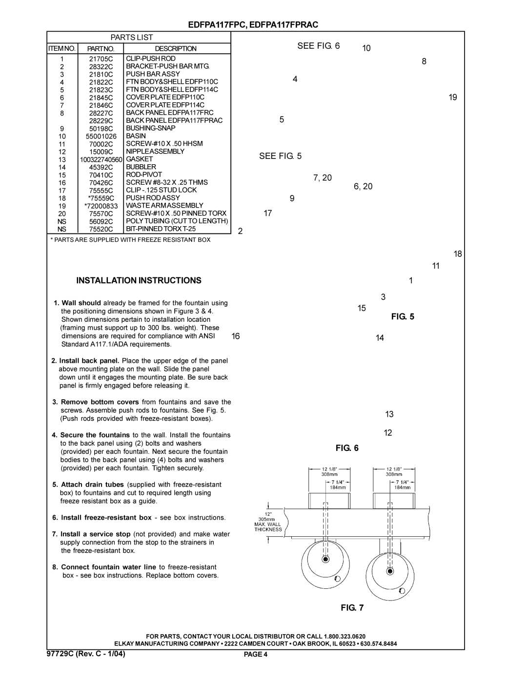 Elkay EDFPA117FPRAC, EDFPA117FPC dimensions Installation Instructions, Parts List 