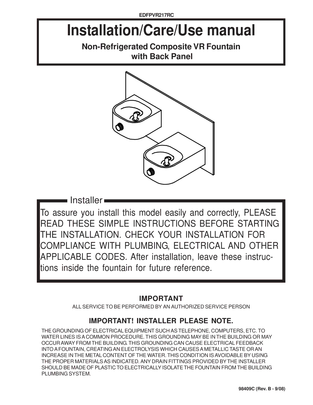 Elkay EDFPVR217RC manual Installation/Care/Use manual 