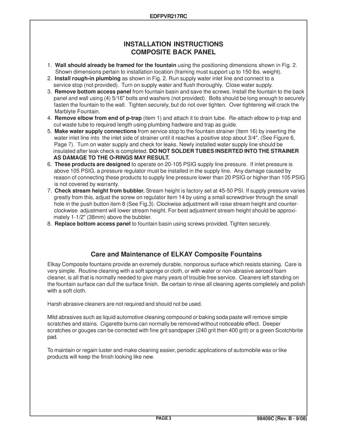 Elkay EDFPVR217RC manual Installation Instructions Composite Back Panel, AS Damage to the O-RINGS MAY Result 