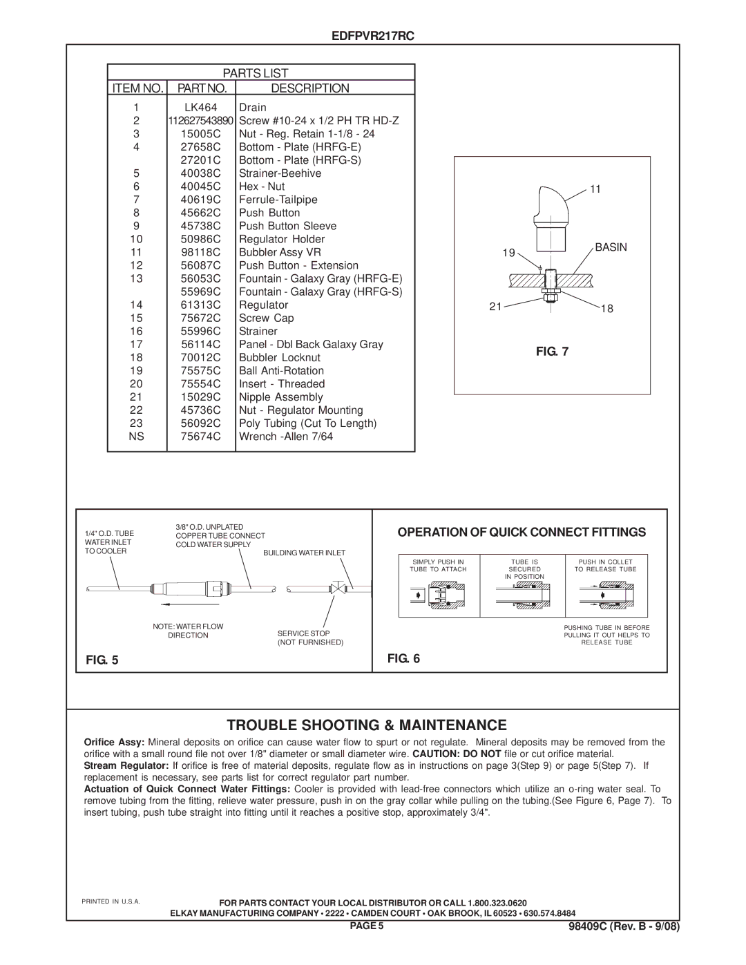 Elkay EDFPVR217RC manual Trouble Shooting & Maintenance, Operation of Quick Connect Fittings 