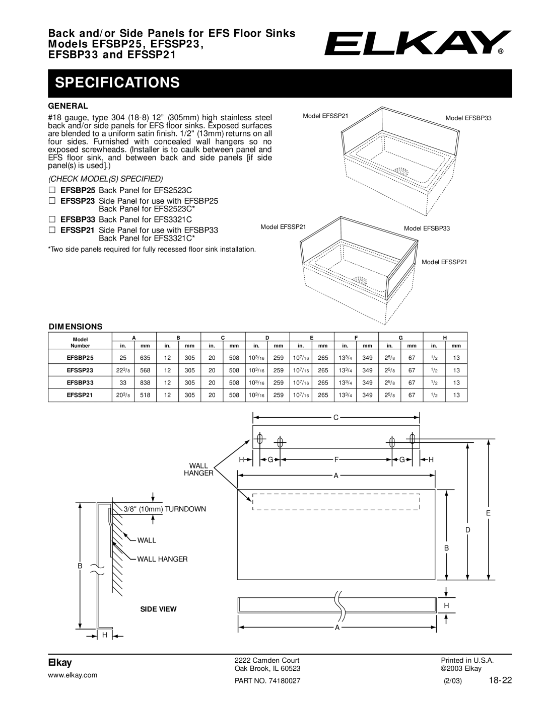 Elkay EFSBP25 specifications Specifications, General, Check Models Specified, Dimensions 