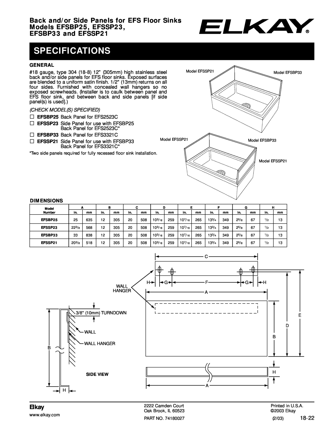 Elkay specifications Specifications, Back and/or Side Panels for EFS Floor Sinks, Models EFSBP25, EFSSP23, Elkay, 18-22 