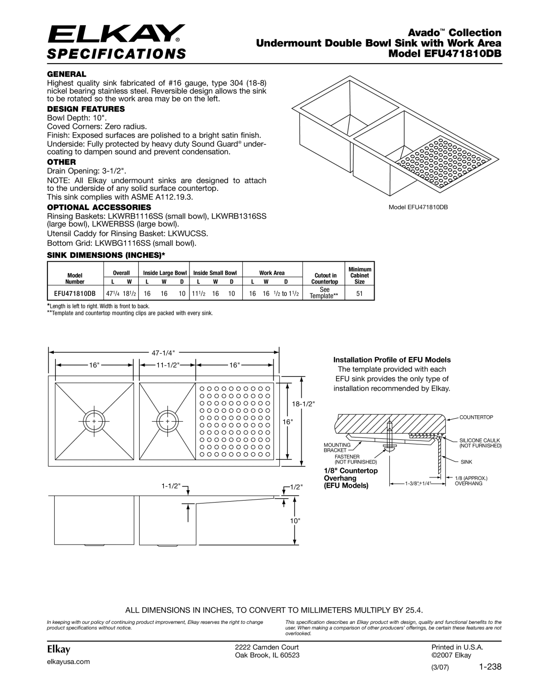 Elkay EFU471810DB specifications Specifications, Avado Collection, Undermount Double Bowl Sink with Work Area, Elkay 