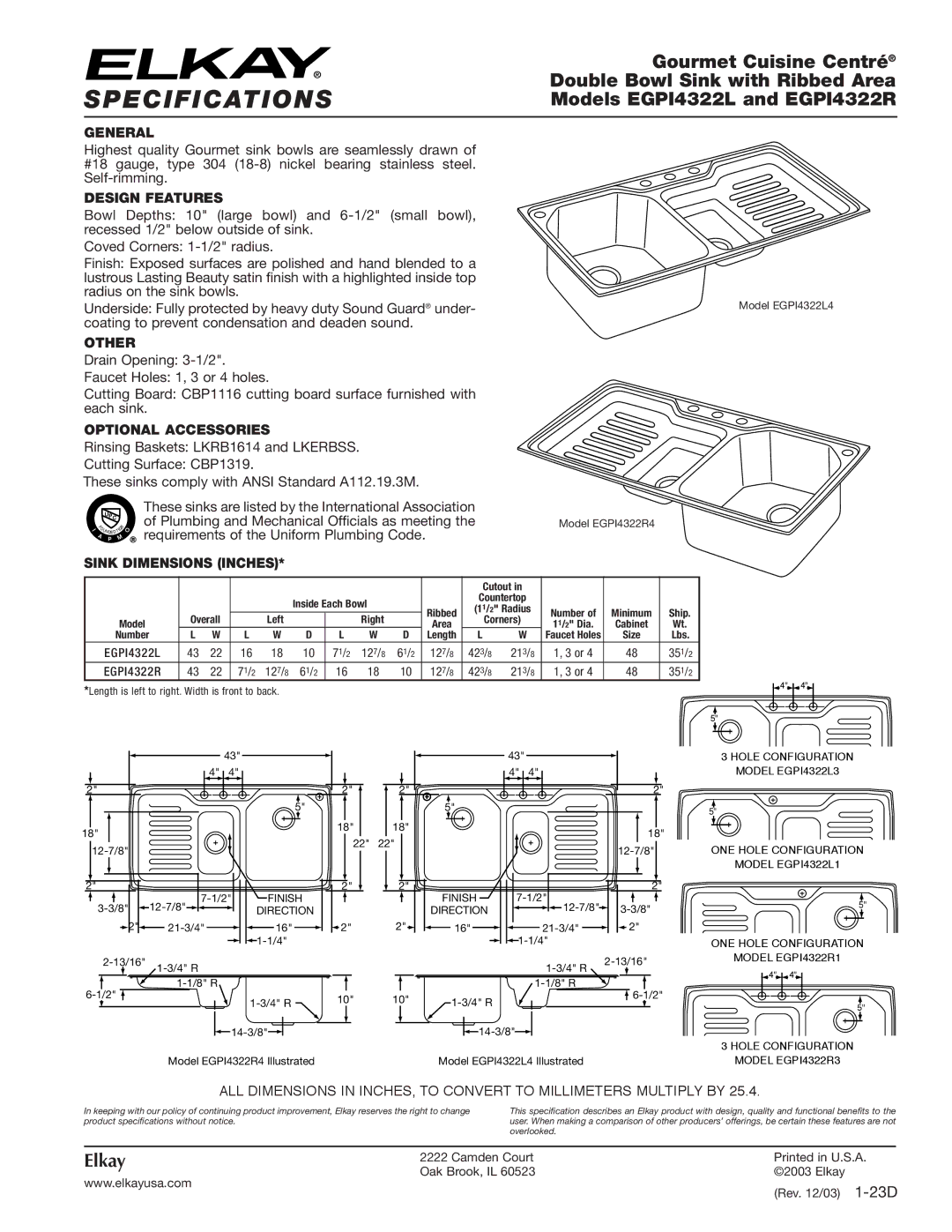 Elkay EGPI4322L, EGPI4322R specifications Specifications 