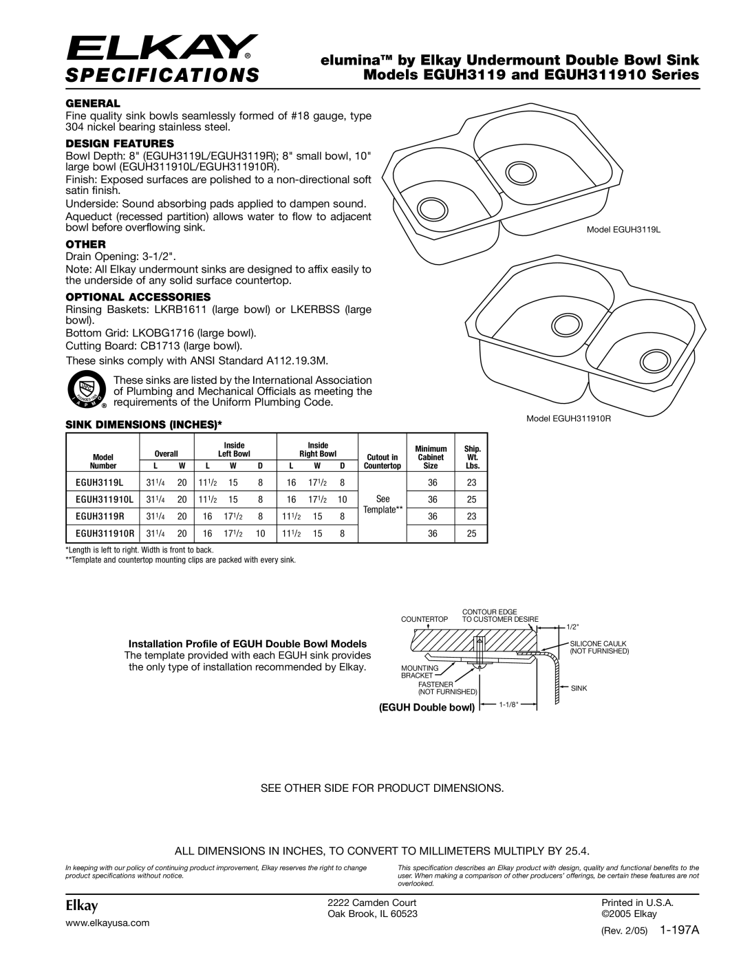 Elkay EGUH311910 specifications Specifications, EluminaTM by Elkay Undermount Double Bowl Sink 