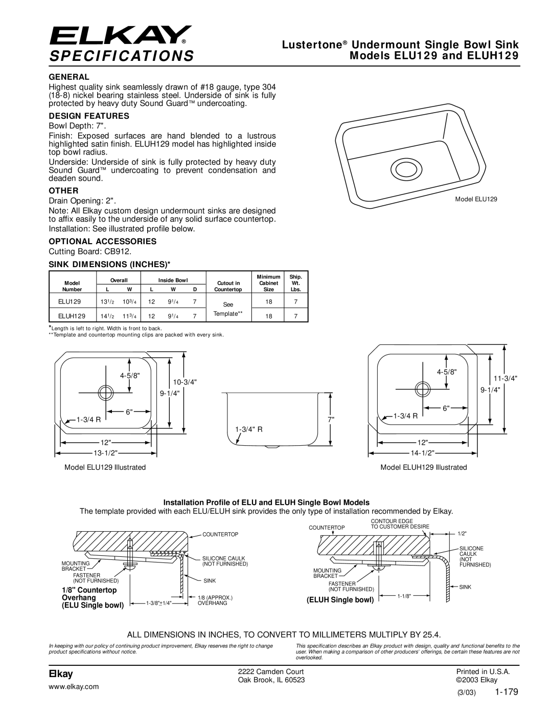 Elkay specifications Specifications, Lustertone Undermount Single Bowl Sink, Models ELU129 and ELUH129, Elkay 