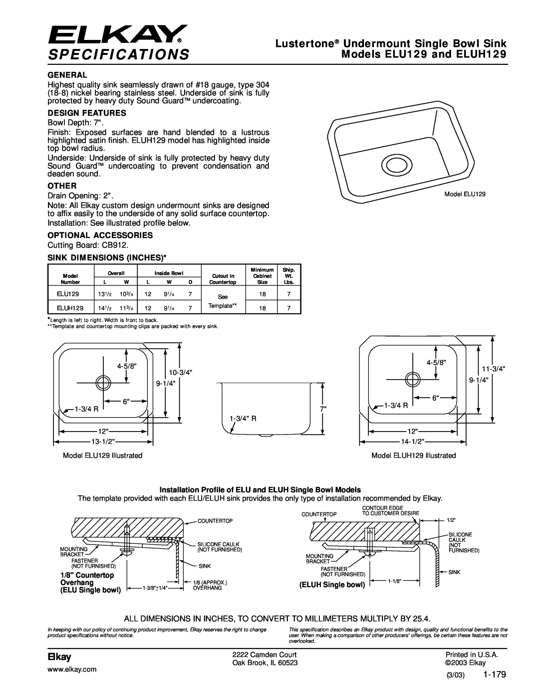 Elkay specifications Specifications, Lustertone Undermount Single Bowl Sink, Models ELU129 and ELUH129, Elkay, 1-179 