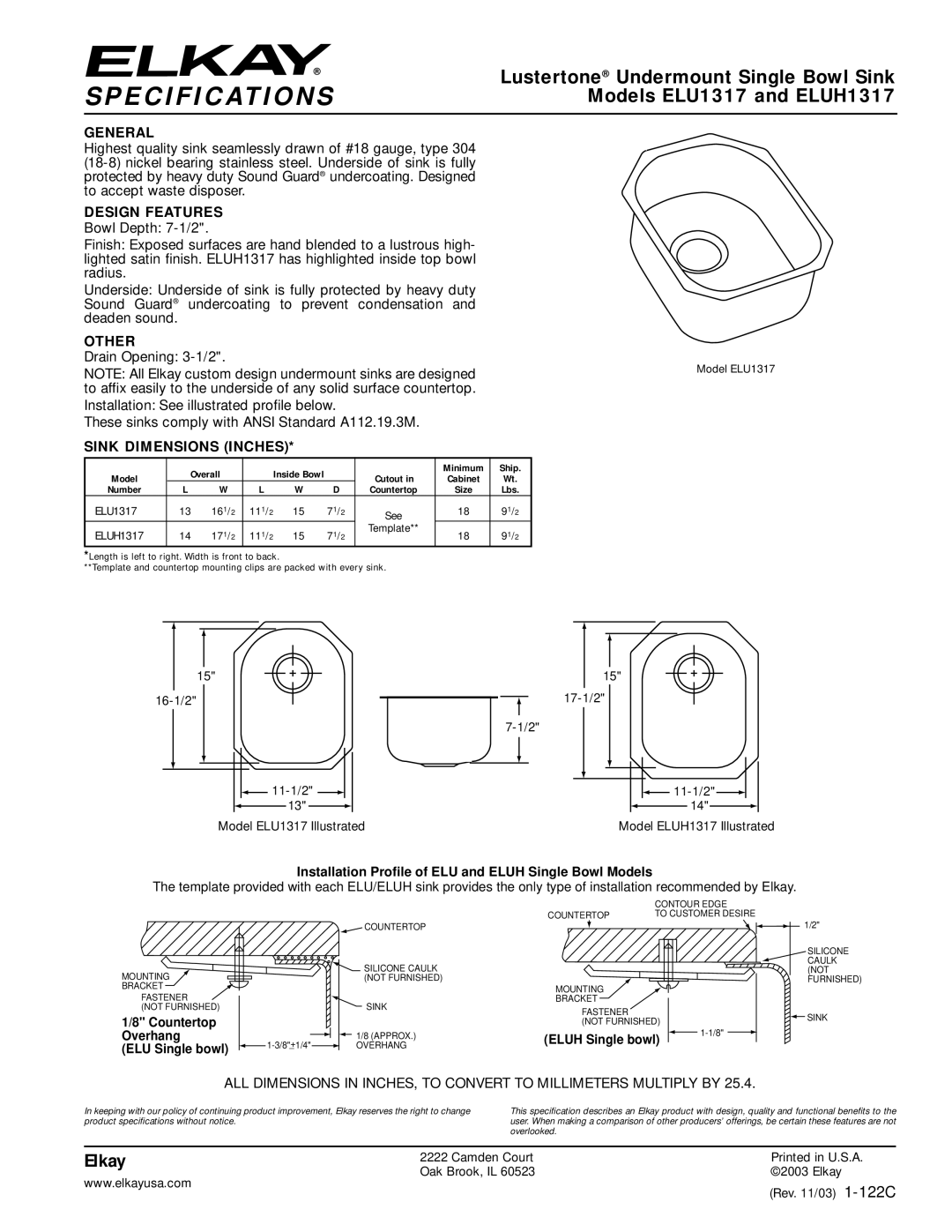 Elkay specifications Specifications, Lustertone Undermount Single Bowl Sink, Models ELU1317 and ELUH1317, Elkay 