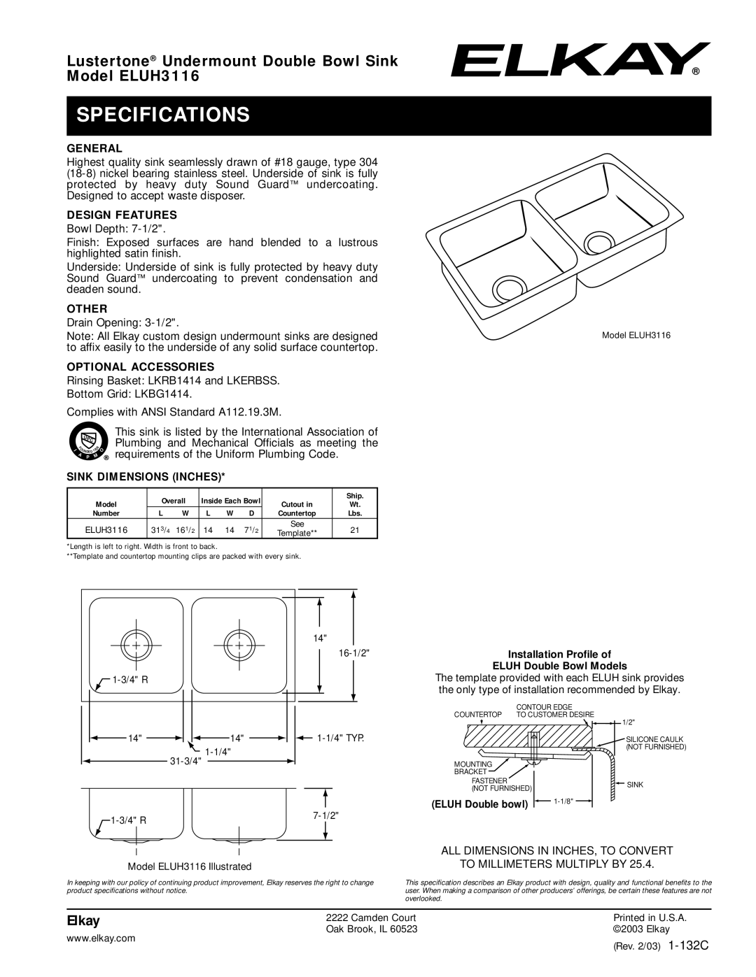 Elkay ELUH3116 specifications Specifications 