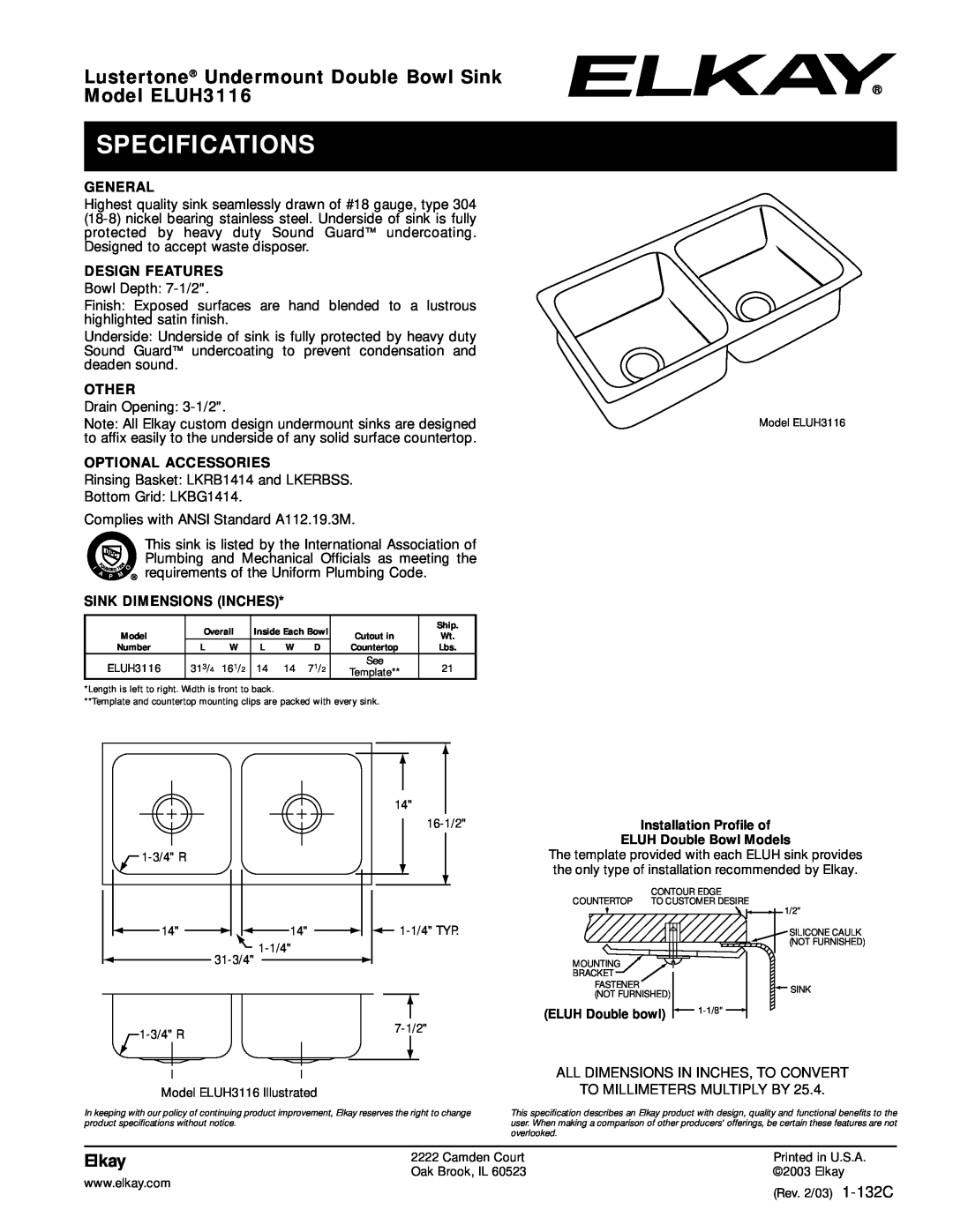 Elkay specifications Specifications, Lustertone Undermount Double Bowl Sink Model ELUH3116, Elkay, General, Other 