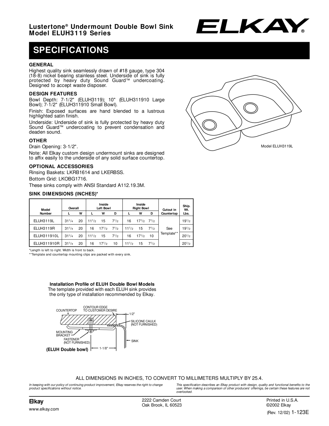 Elkay ELUH3119 Series specifications Specifications 