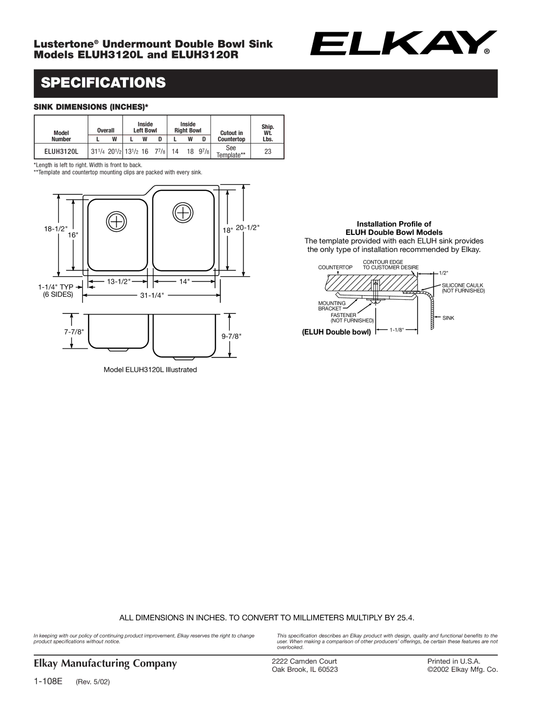 Elkay ELUH3120R specifications ELUH3120L 