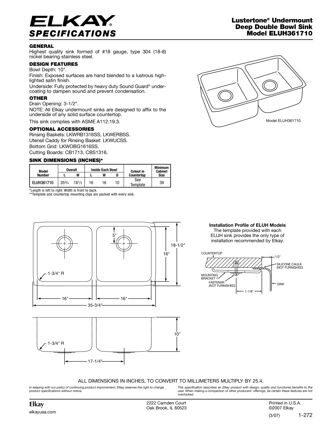 Elkay specifications Specifications, Lustertone Undermount, Deep Double Bowl Sink, Model ELUH361710, Elkay 