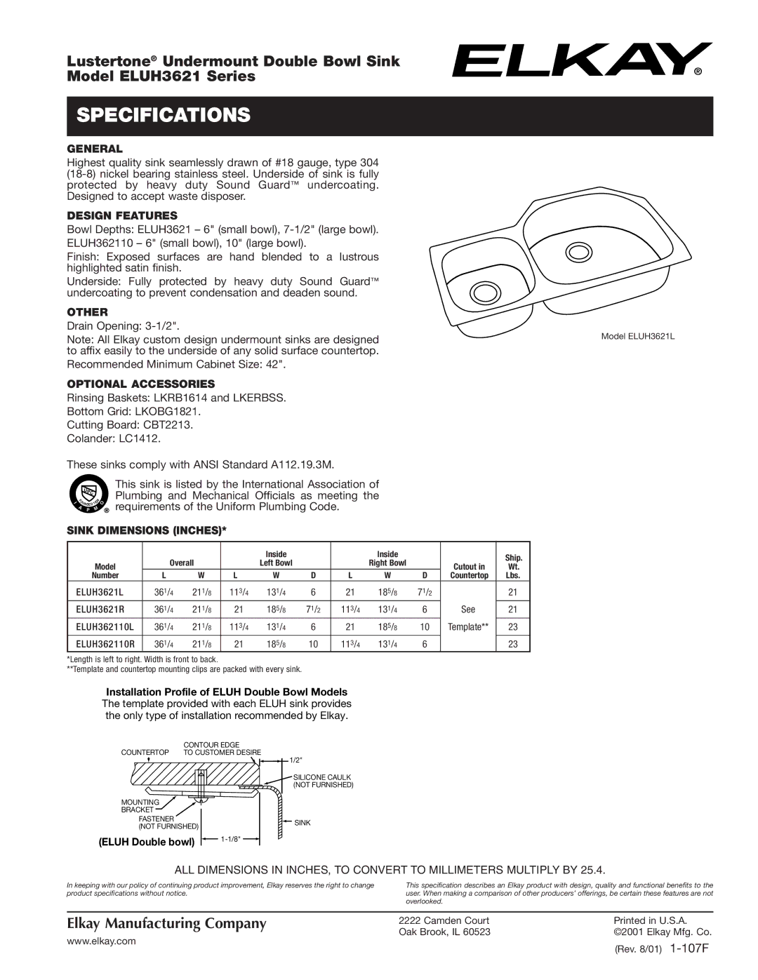 Elkay ELUH3621 Series specifications Specifications 