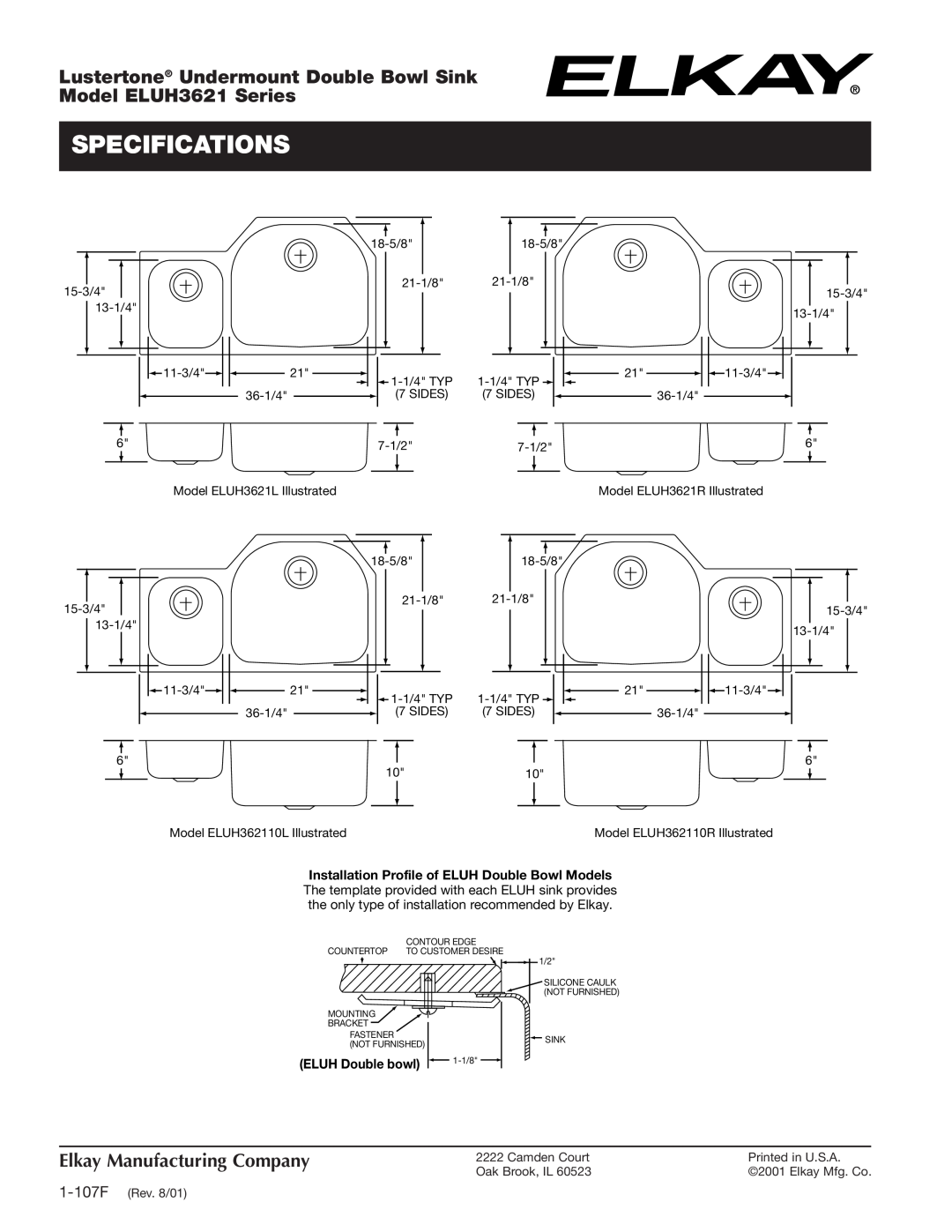 Elkay Specifications, Lustertone Undermount Double Bowl Sink, Model ELUH3621 Series, Elkay Manufacturing Company 