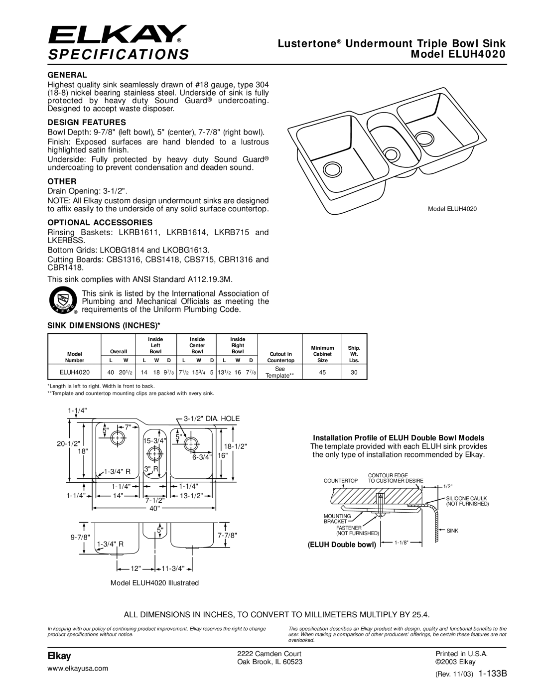 Elkay specifications Specifications, Lustertone Undermount Triple Bowl Sink, Model ELUH4020, Elkay 