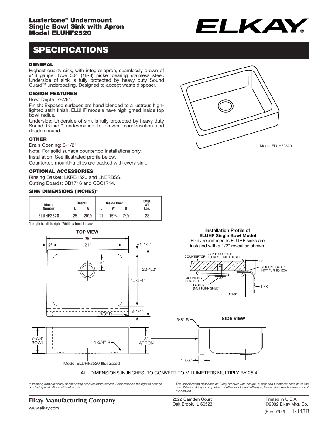 Elkay ELUHF2520 specifications Specifications 