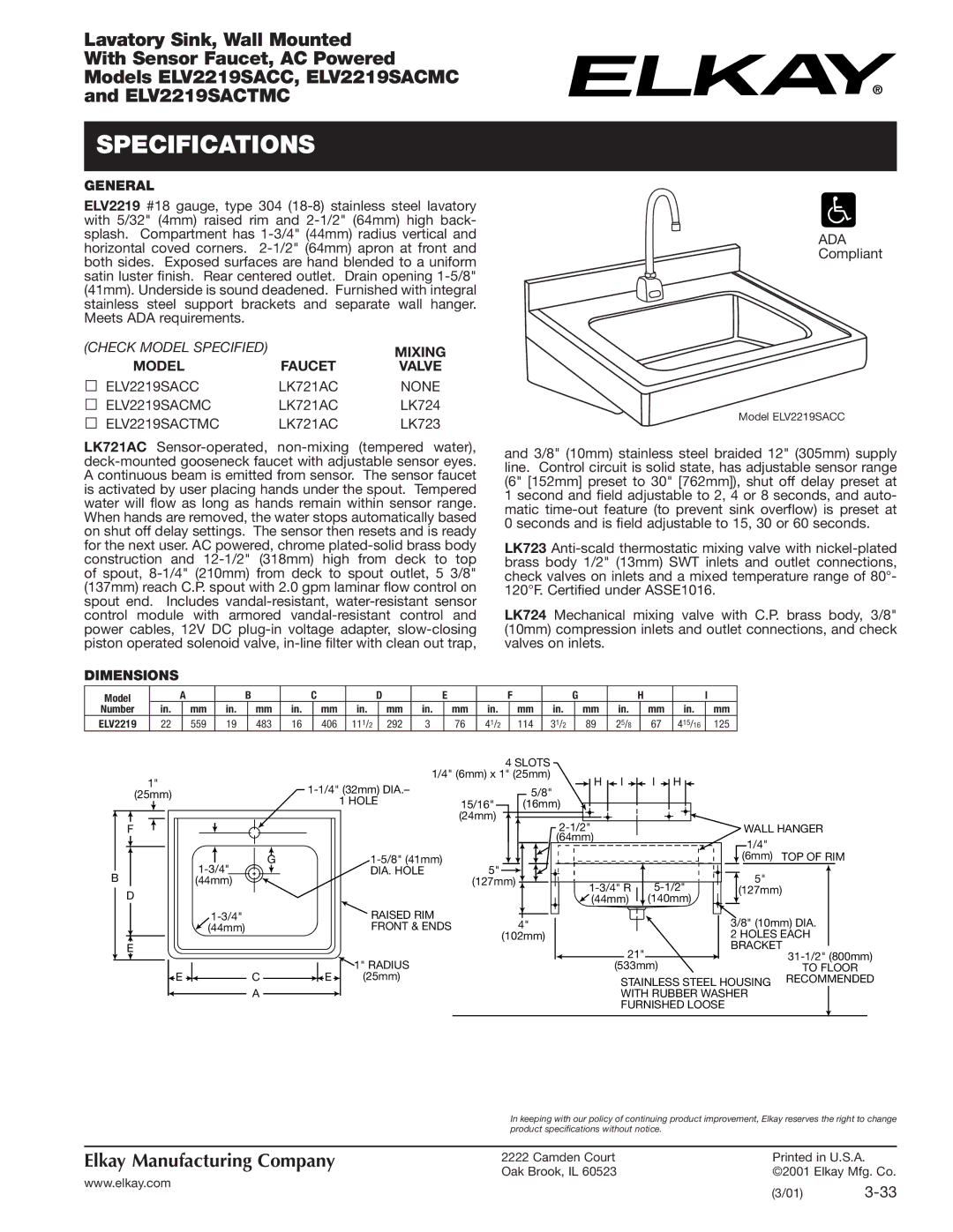 Elkay ELV2219SACMC, ELV2219SACC, ELV2219SACTMC specifications Specifications, General, Dimensions 