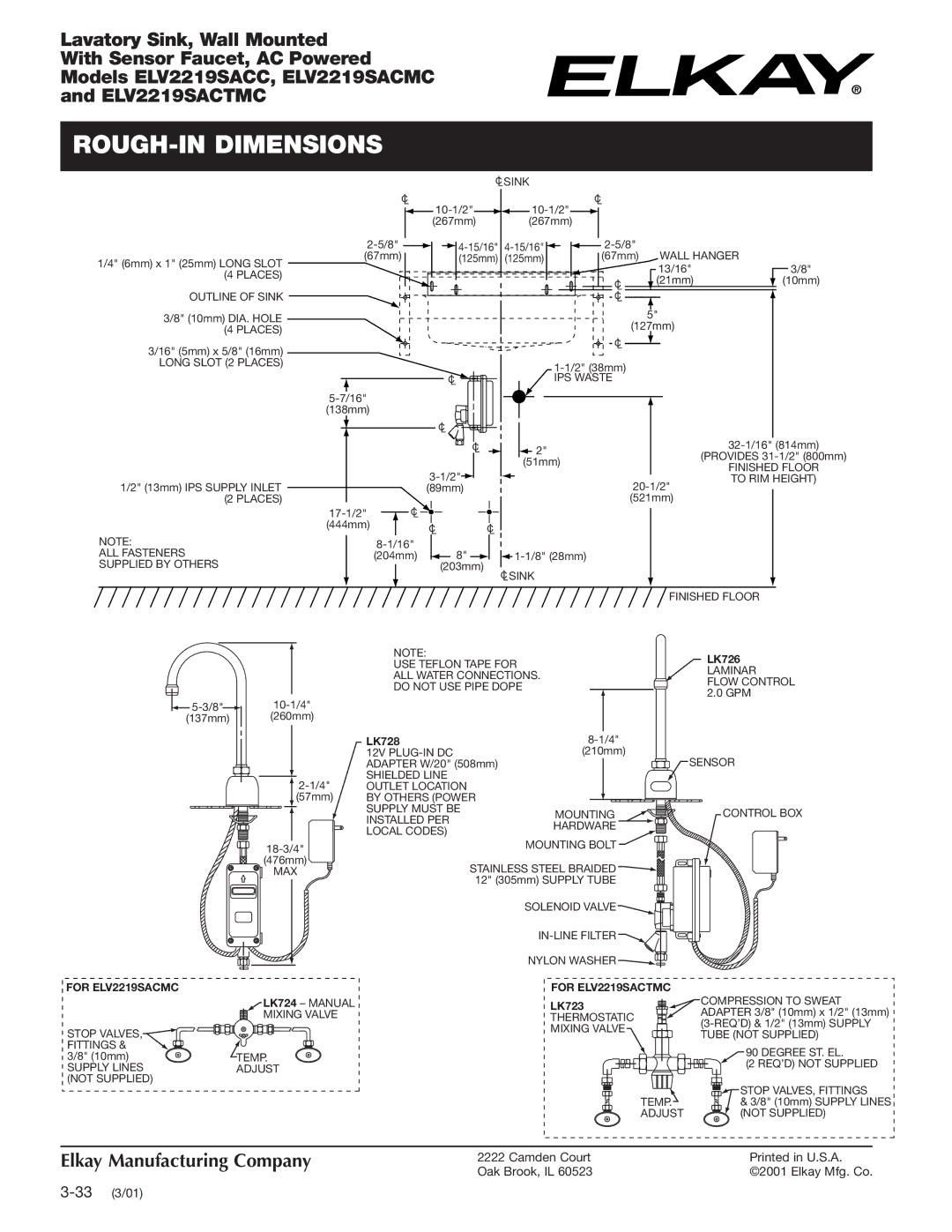 Elkay ELV2219SACTMC, ELV2219SACC, ELV2219SACMC specifications ROUGH-IN Dimensions, LK726, LK723 