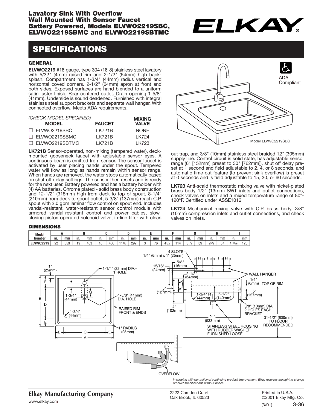 Elkay ELVWO2219SBMC, ELVWO2219SBC, ELVWO2219SBTMC specifications Specifications, General, Mixing, Model Faucet, Dimensions 