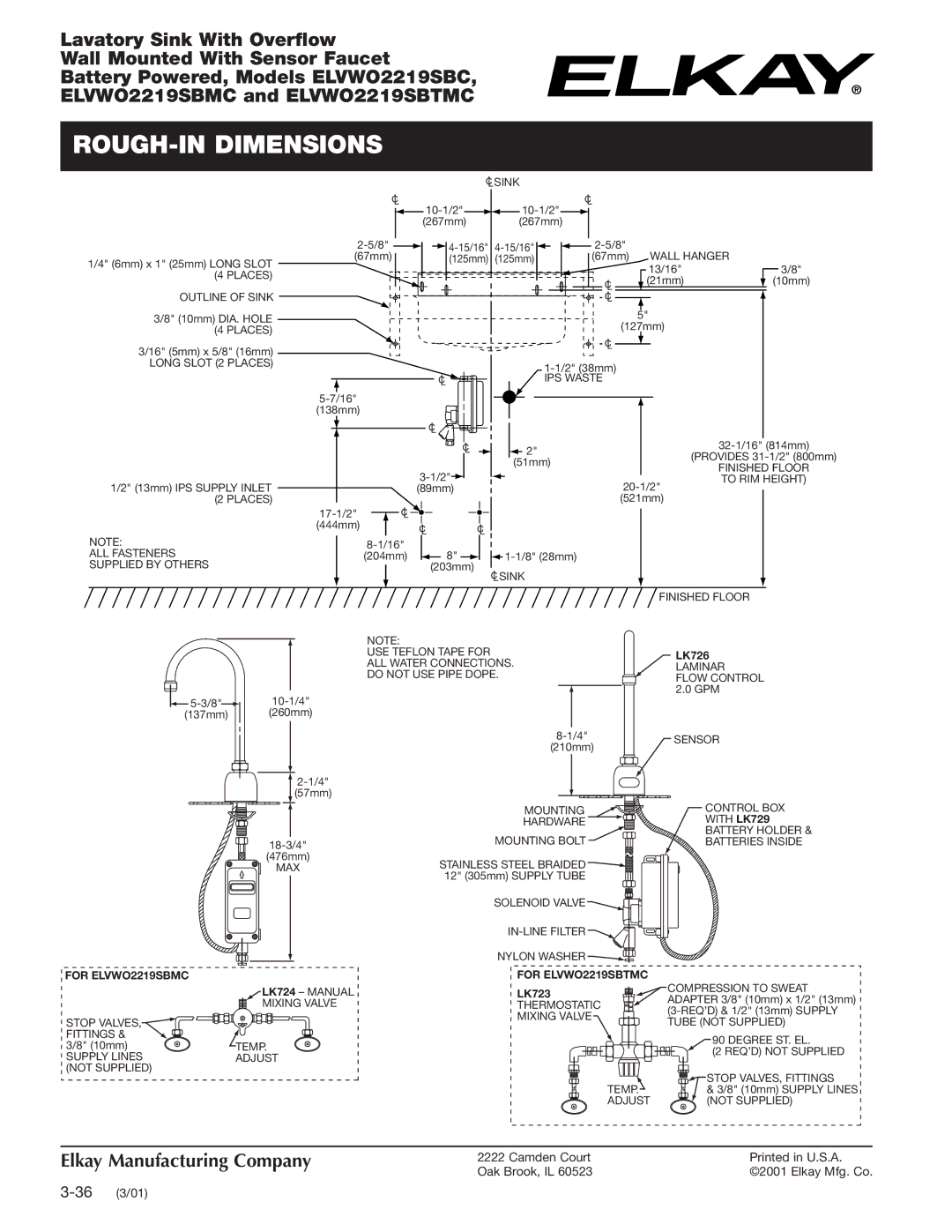 Elkay ELVWO2219SBC specifications ROUGH-IN Dimensions, For ELVWO2219SBMC, For ELVWO2219SBTMC 