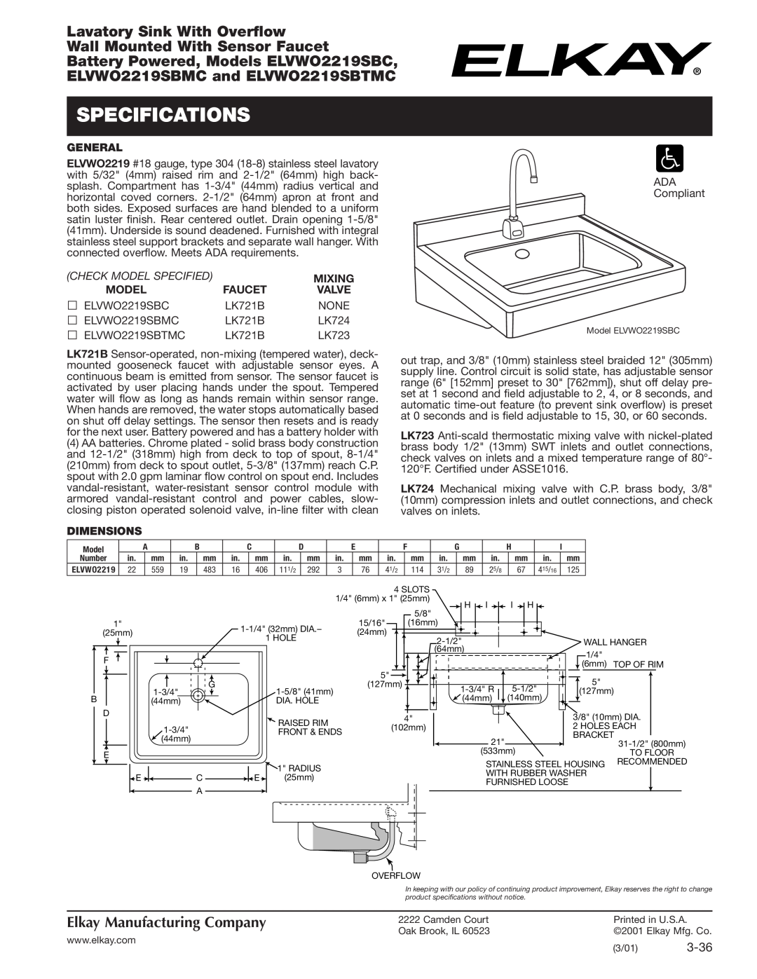 Elkay ELVWO2219SBMC specifications Specifications, Lavatory Sink With Overflow, Wall Mounted With Sensor Faucet, 3-36 