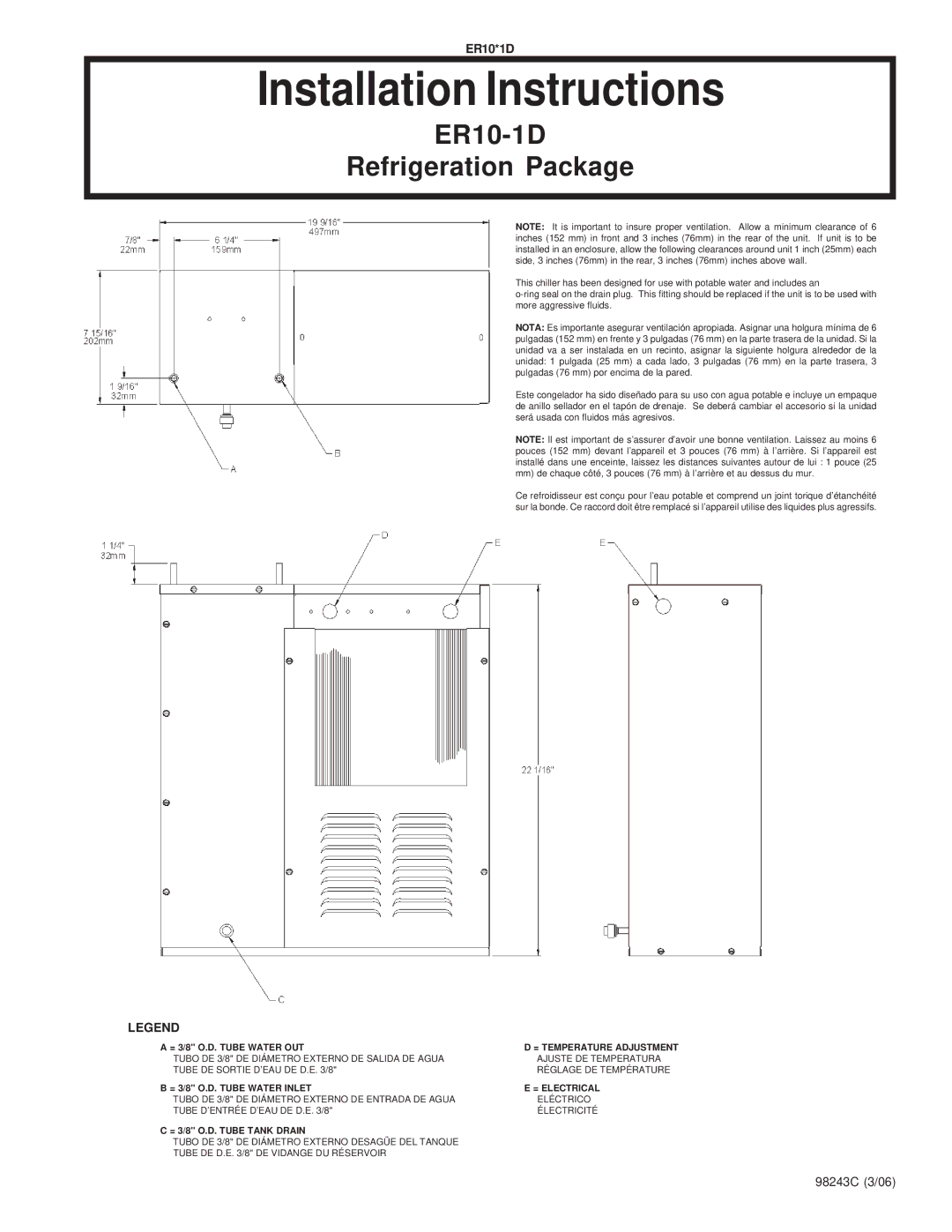 Elkay ER10*1D installation instructions Installation Instructions, ER10-1D Refrigeration Package 